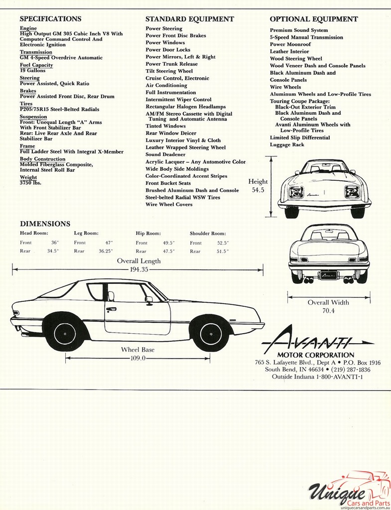 1986 Avanti Brochure Page 3